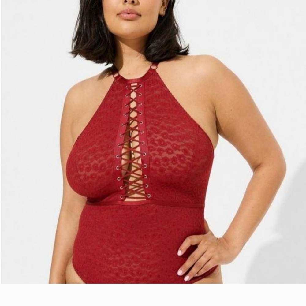 Torrid Red Animal Lace Up Halter Bodysuit